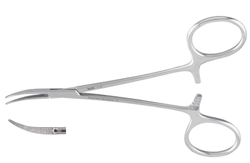 Forceps Mosquito Forceps Miltex® Halsted 5 Inch Length OR / Surgical Grade German Stainless Steel NonSterile Locking Finger Ring Handle Curved Serrated Tips by Integra York PA, Inc. (Miltex)  ID 7-10